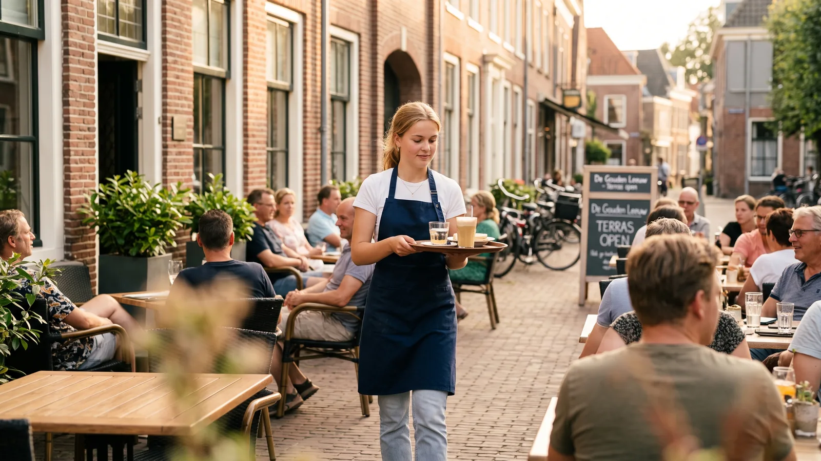 Jonge medewerker met een zomerbaan op een zonnig terras in Twente